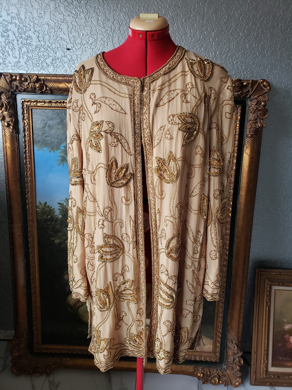 Cream Beaded Open-Front Tunic with Gold Embellishment
